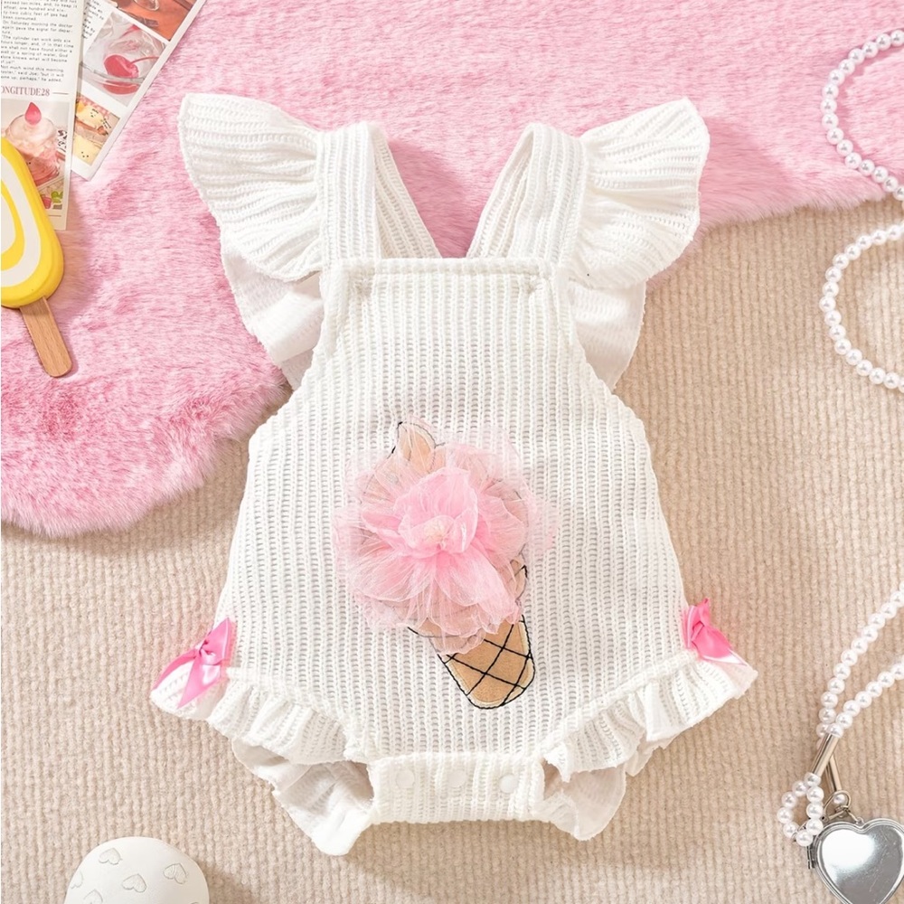 Birthday Ice Cream Bubble Adorable White Baby Romper with Pink Accents 12-18 mo